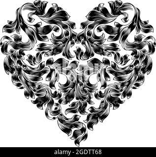 Heart Love Floral Woodcut Engraved Etching Stock Vector