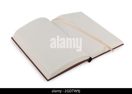 Design concept - top view of open page of paper notebook with fabric bookmark between pages, isolated on white background for mockup. A real photo of Stock Photo