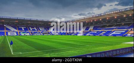 Birmingham, UK. 14th Aug, 2021. Stormy clouds above St Andrew's Trillion Trophy Stadium, Birmingham and Birmingham City as a club with the home Tilton Road & Kop stand deemed unsafe and closed pending emergency work - causing huge unhappiness from the fans towards the board Credit: SPP Sport Press Photo. /Alamy Live News Stock Photo