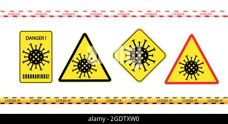A set of signs with the image of the coronavirus and the inscription Danger. New outbreak of coronavirus covid-19 Coronavirus warning. Vector illustra Stock Vector