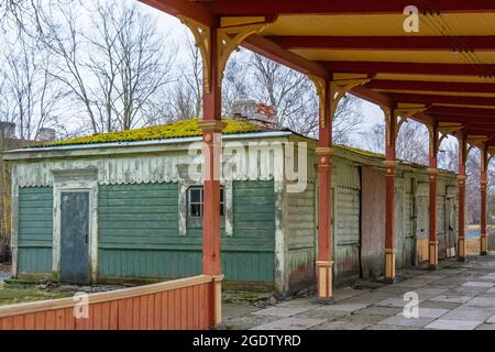 Wooden platform canopy at old railway station in Haapsalu Estonias Stock Photo