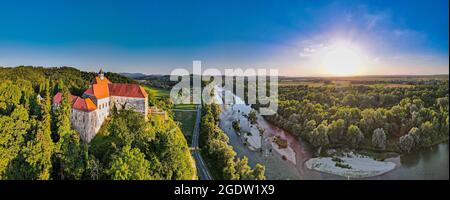 Aerial Panoramic View Over Borl Castle in Slovenia and Drava River. Stock Photo