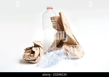 Various garbage, waste of paper and plastic packaging. A pile of packaging rubbish. Stock Photo