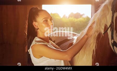 Young woman brunette with long hair in ponytail pets horse Stock Photo