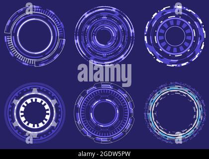 Futuristic Holographic circle of focus elements. Sci-fi round design. Military Collimator Sight. Collection of engineering HUD. Camera Viewfinder set Stock Vector