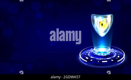 Futuristic glowing HUD of padlock with keyhole-shield icon in personal data security . Cyber safety data or information privacy. Abstract circuit boar Stock Vector