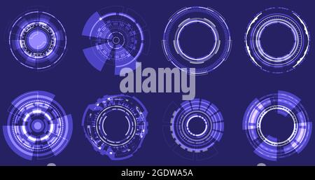 Futuristic Holographic circle of focus elements. Sci-fi round design. Military Collimator Sight. Collection HUD circuit. Camera Viewfinder set. Digita Stock Vector