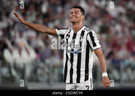 Cristiano Ronaldo of Juventus FC reacts during the pre season friendly football match between Juventus FC and Atalanta BC at Allianz stadium in Turin (Italy), August 14th, 2021. Photo Federico Tardito / Insidefoto Stock Photo