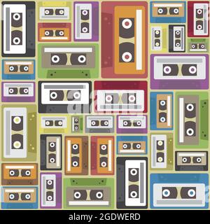 Seamless audio cassette tape pattern. 1980s retro technology background. Vector and illustration design. Stock Vector