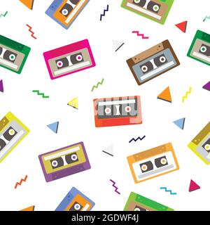 Seamless audio cassette tape pattern. 1980s retro technology background. Vector and illustration design. Stock Vector