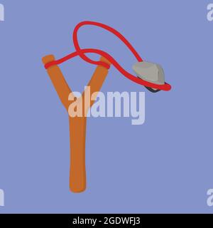 Wooden slingshot with flying stone isolated on background. Homemade slingshot wooden handle with rubber bands. Wooden catapult. Children toy for throw Stock Vector