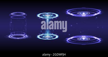 Sci-fi digital high-tech collection in glowing HUD elements. Hologram portal of science futuristic. Magic warp gate in game fantasy. Abstract technolo Stock Vector