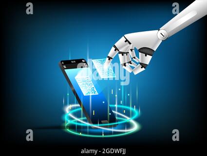 Hand of robot are touching on a hologram qr code of phone. Futuristic technology artificial intelligence. Hi-tech mobile of data engineering. Visual r Stock Vector