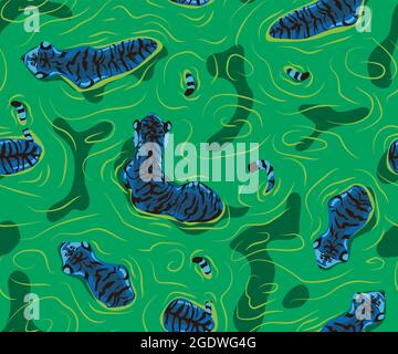 Tiger in the water. Seamless pattern with floating tiger, Big male tiger walks on the lake with a flock of tigers, blue and green shades Stock Vector