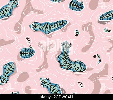 Tiger in the water. Seamless pattern with floating tiger, Big male tiger walks on the lake with a flock of tigers, pastel blue and pink shades Stock Vector