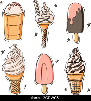 Set of ice cream icons vector doodle illustration. Kids summer collection of sunblind and in cone isolated on white Stock Vector