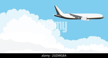 Blue sky with clouds and an airplane flying over the blue sea. Airliner ...