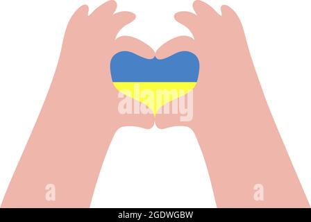 Gesture Hands making heart symbol. Inside is yellow-blue heart. Colors of Ukrainian flag. Vector illustration. People body language concept for Ukrain Stock Vector