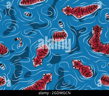 Tiger in the water. Seamless pattern with floating tiger, Big male tiger walks on the lake with a flock of tigers. Stock Vector