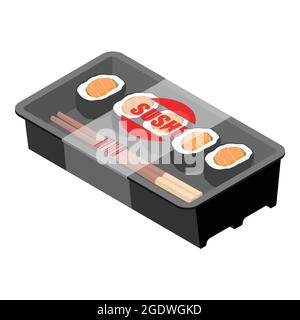 Sushi to go concept. Takeaway box with sushi, sashimi isolated on white background. Vector Stock Vector