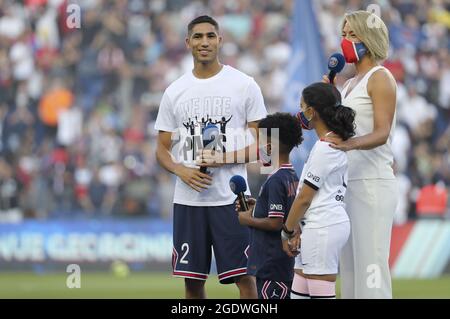 Achraf Hakimi of PSG during the new recruits' presentation ahead of the French championship Ligue 1 football match between Paris Saint-Germain and RC Strasbourg on August 14, 2021 at Parc des Princes stadium in Paris, France - Photo Jean Catuffe / DPPI Stock Photo