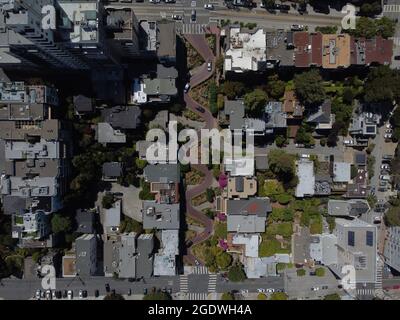 (EDITOR’S NOTE: Image taken with a drone)Aerial view of Lombard Street in San Francisco. (Photo by Michael Ho Wai Lee / SOPA Images/Sipa USA) Stock Photo