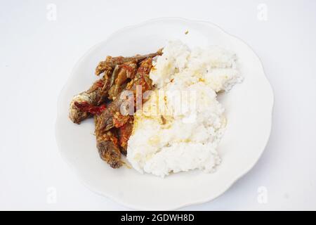 Nasi campur (mixed rice), rice with spicy pindang. Pindang is a kind of food for a side dish Stock Photo