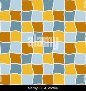 Seamless mosaic pattern with wavy earth colors checkery. Ethnic modern squares background. Geometric seamless texture with yellow blue parts. Checkere Stock Vector