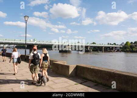 A young couple walking their pet dog along the Thames Path on a bright summer's day, Fulham, London, England, UK Stock Photo