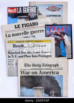 World press front pages reporting the 9/11 terror attack on the World Trade Center, New York, USA on September 11, 2001. Stock Photo
