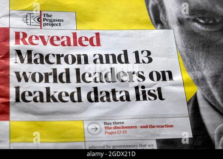 'The Pegasus Project Revealed Macron and 13 world leaders on leaked data list' 20 July 2021 Guardian newspaper headline front page London UK Stock Photo