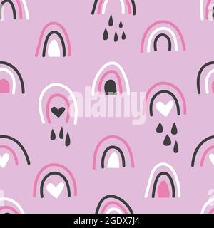 Bohemian hand drawn seamless pattern with rainbow and rain. Retro baby abstract naive background in boho style Stock Vector