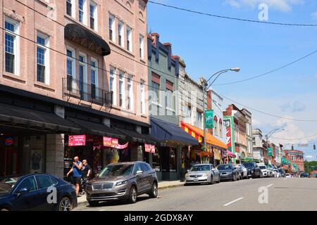 Main Street shopping district in Mount Airy North Carolina, the inspiration for Mayberry on the Andy Griffith Show. Stock Photo