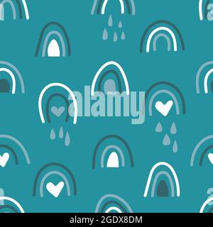 Bohemian hand drawn seamless pattern with rainbow and rain. Retro baby abstract naive background in boho style Stock Vector