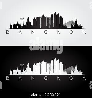 Bangkok skyline and landmarks silhouette, black and white design, vector illustration. Stock Vector