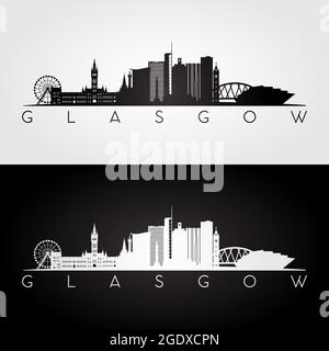 Glasgow skyline and landmarks silhouette, black and white design, vector illustration. Stock Vector