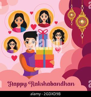 In this poster boy holding many gifts in hand for his sisters on the occasion of Raksha Bandhan. The poster is decorated with girl's pictures, Rakhi, Stock Vector