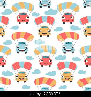 Children vector seamless pattern with kids funny cars flying on parachutes front view flat transport nursery textile toy vehicle vector illustration Stock Vector