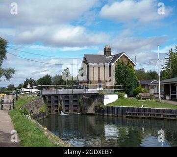 Lockkeepers House and Lock Gates  River Lea Stanstead Lock Stanstead Abbotts Stock Photo