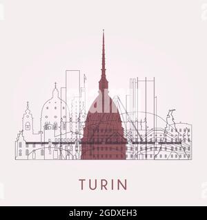 Outline Turin skyline with landmarks. Vector illustration. Business travel and tourism concept with historic buildings. Image for presentation, banner Stock Vector