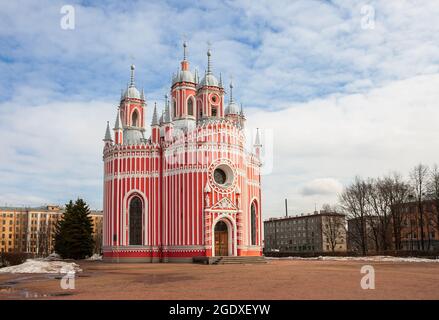 Chesme Church or Church of the Nativity of St. John the Baptist in early spring, St. Petersburg, Russia
