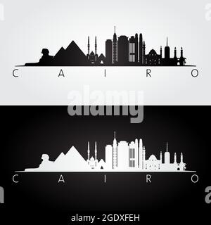 Cairo City skyline black and white silhouette with reflections. Vector ...