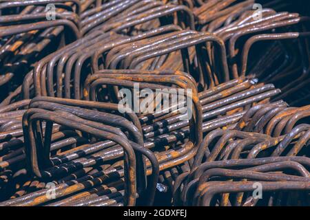 Construction rebar steel work reinforcement. Closeup of Steel rebars. Reinforcement steel rod. Stock Photo