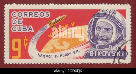 CUBA- CIRCA 1963: a stamp printed by CUBA shows russian cosmonaut Valery Bykovsky , circa 1963 Stock Photo