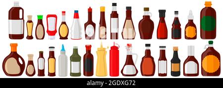 Illustration big kit varied glass bottles filled liquid sauce teriyaki. Bottles consisting from teriyaki sauce, empty labels for titles. Sauce teriyak Stock Vector