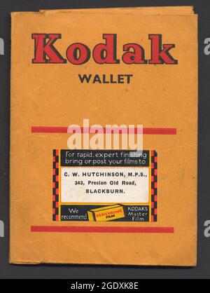 Kodak film wallet, 1930s.  Hutchinson, Preston Old Road, Blackburn, Lancashire. Used to give customers their print order in. Stock Photo