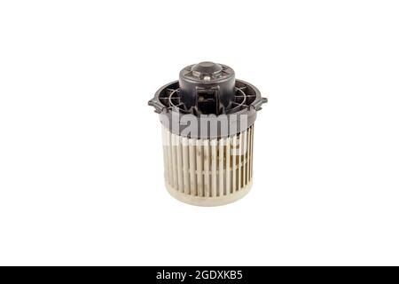 Old air car blower motor isolated on white background. Old dirty air blower fan motor of car isolated. Save with clipping path Stock Photo