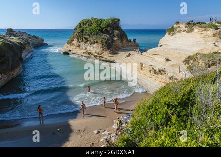 Beach over Kanali tou Erota - Channel of Love in Sidari settlement in northern part of the island of Corfu, Greece Stock Photo