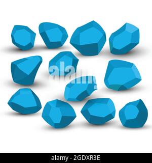 Cartoon stones. Rock stone isometric set. Blue boulders, natural building block shapes, wall stones. 3d flat isolated illustration. Vector collection Stock Vector