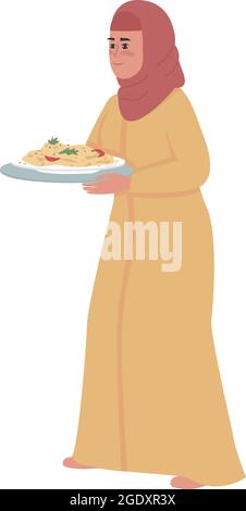 Woman with meal on plate semi flat color vector character Stock Vector